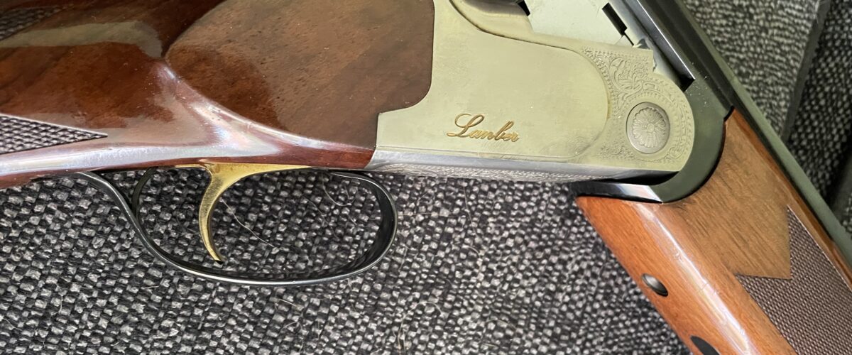 Excellent condition left hand Lanber; 30” barrel, 14” stock, 7lb weight, over/under, multi choke, auto ejection, with original manufacturer plastic case, sheepskin carry case and new cleaning kit